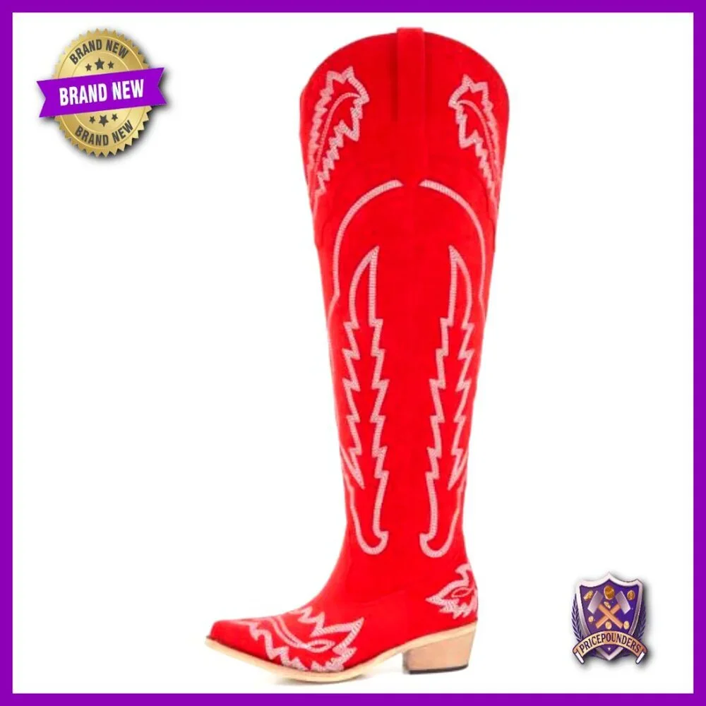 Western Over the Knee Boots Wide Calf Plus Size Suede Mid Heel Cowgirl